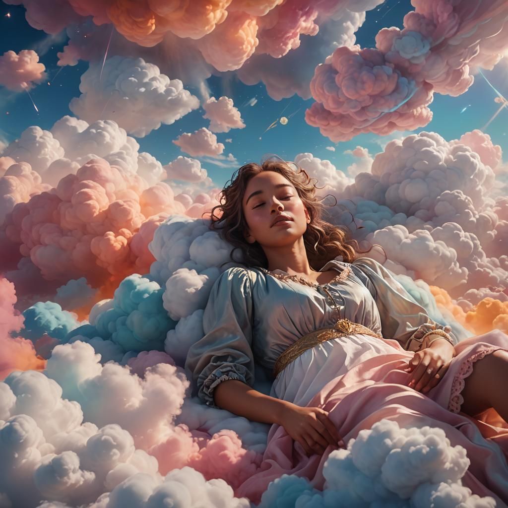 Dreamy Woman Asleep on Cloud in Cosmic Colors
