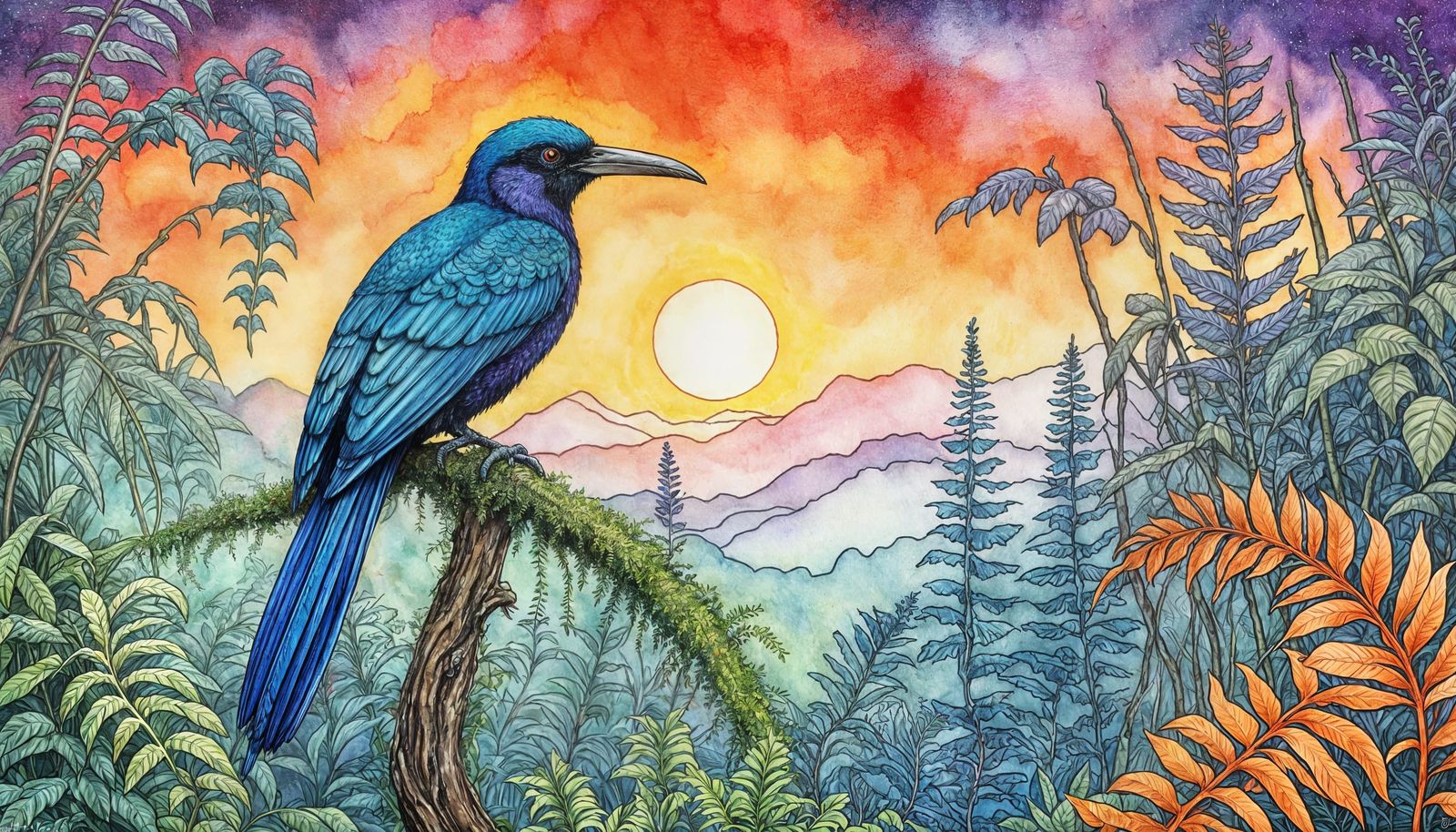 Blue Toucan in Bioluminescent Jungle, Watercolor Style