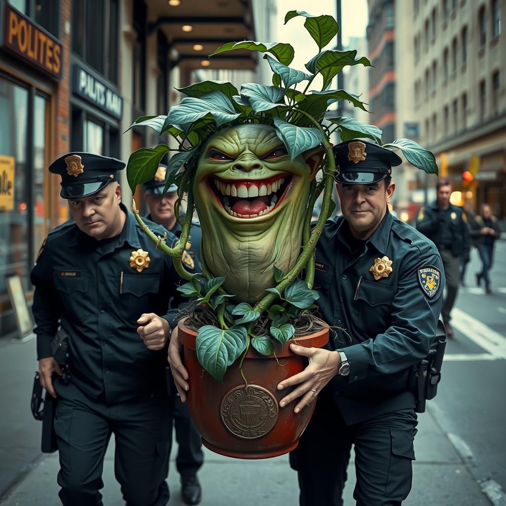 Evil Plant in Custody: Hyper-Realistic City Scene