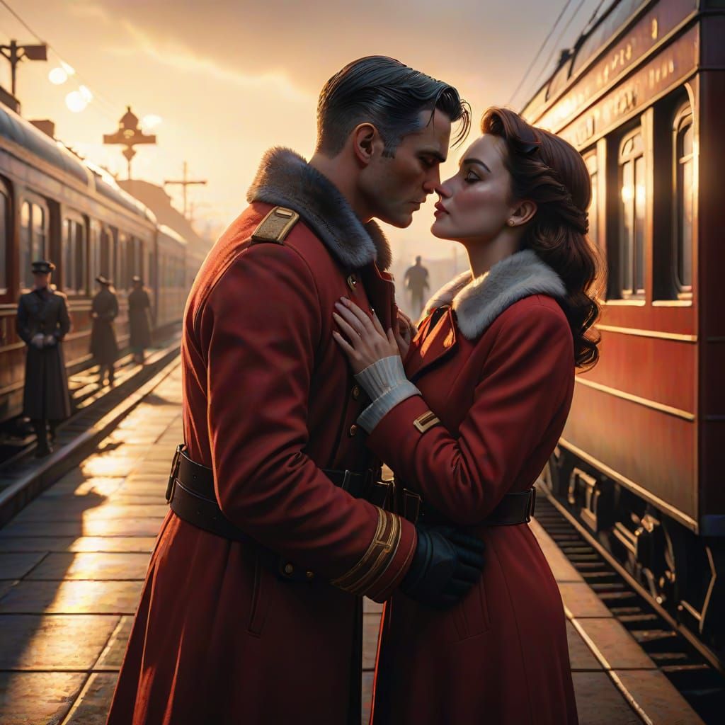 Femme Fatale in Golden Hour, 1940s Train Platform