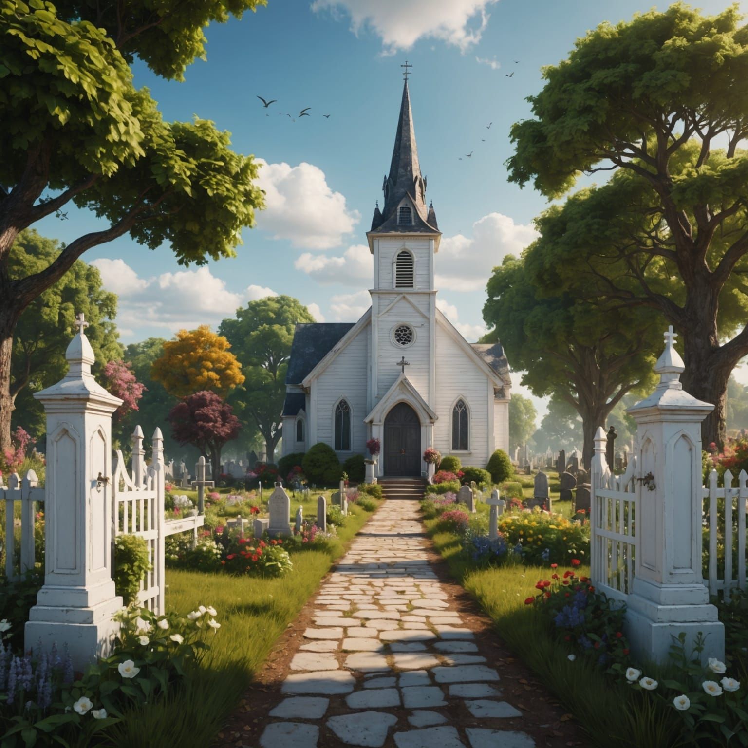 Picturesque White Church with Gardens and Graveyard