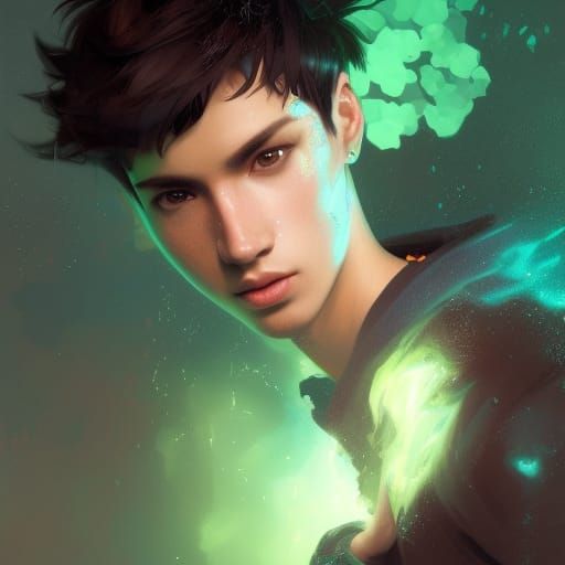 Cute Boy Portrait with Green Ghost, Hyperdetailed Art