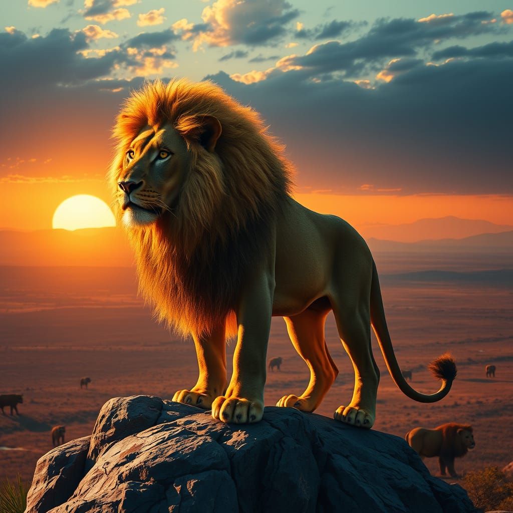 Golden Maned Lion Overlooks Savanna in Matte Painting Style