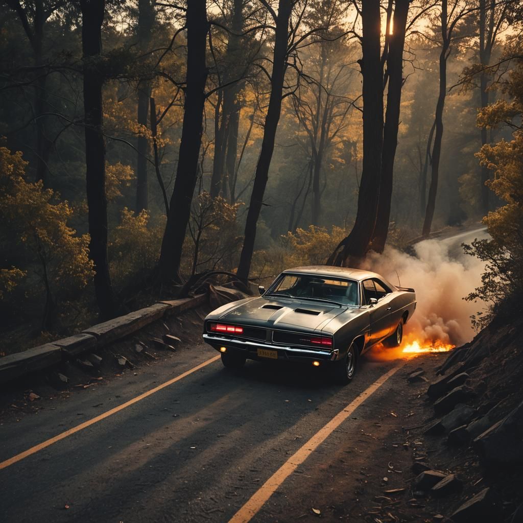Dodge Charger Falling off Cliff in Film Noir Style