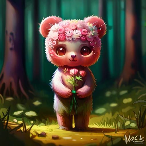 Flower-Bear Cub in Woods: Hyperrealistic 8K Art
