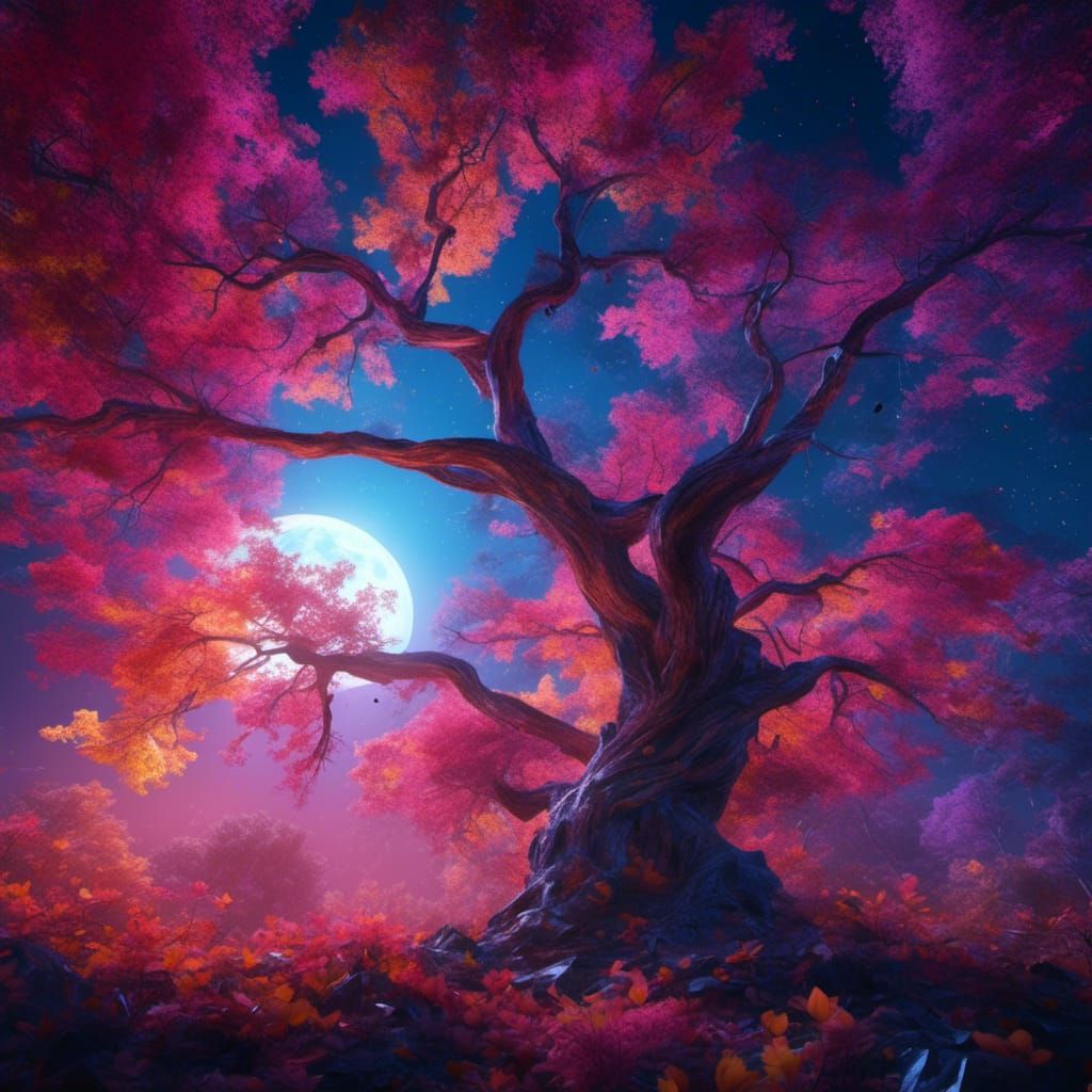 Colorful Tree at Night Under Full Moon