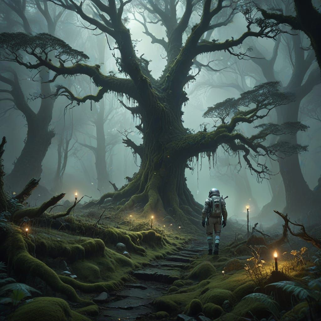 Surreal Forest Landscape with Astronaut in Ethereal Mist