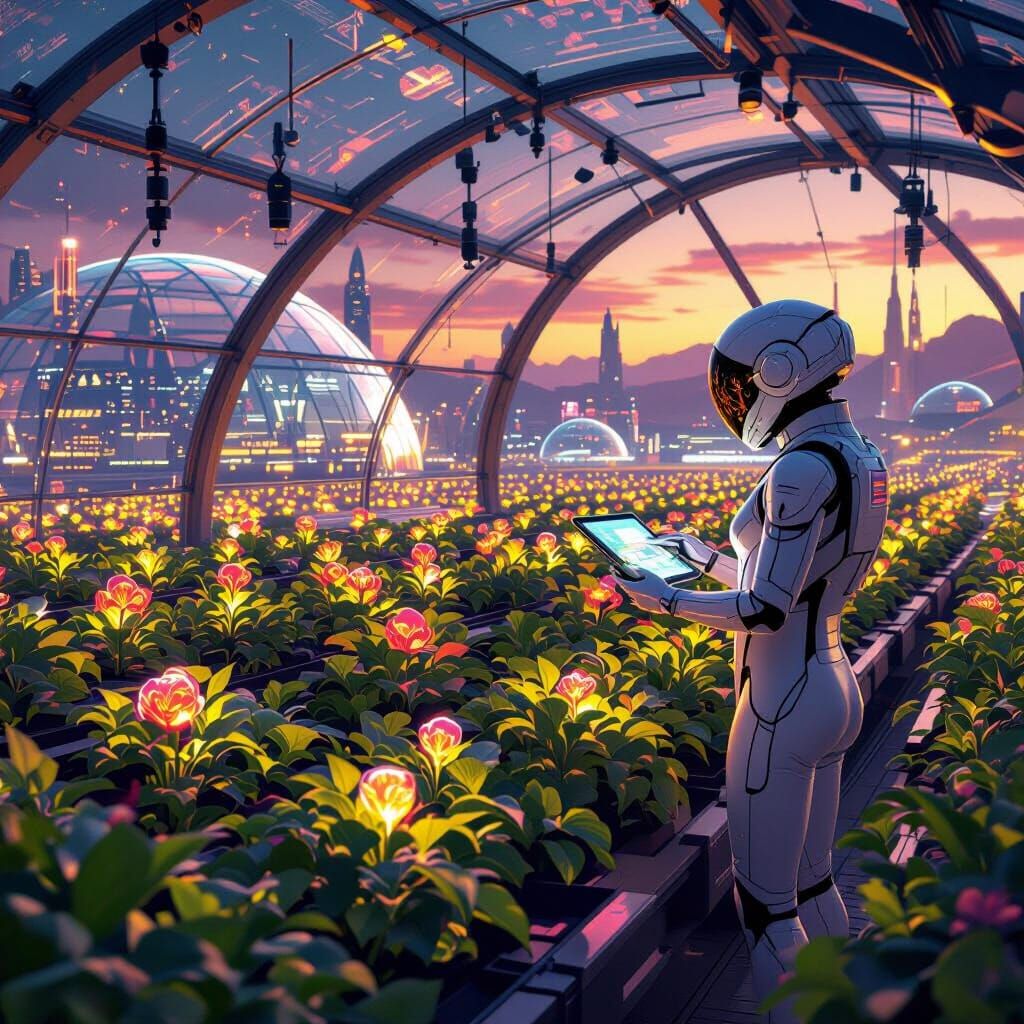 Martian Greenhouse with Bioluminescent Crops