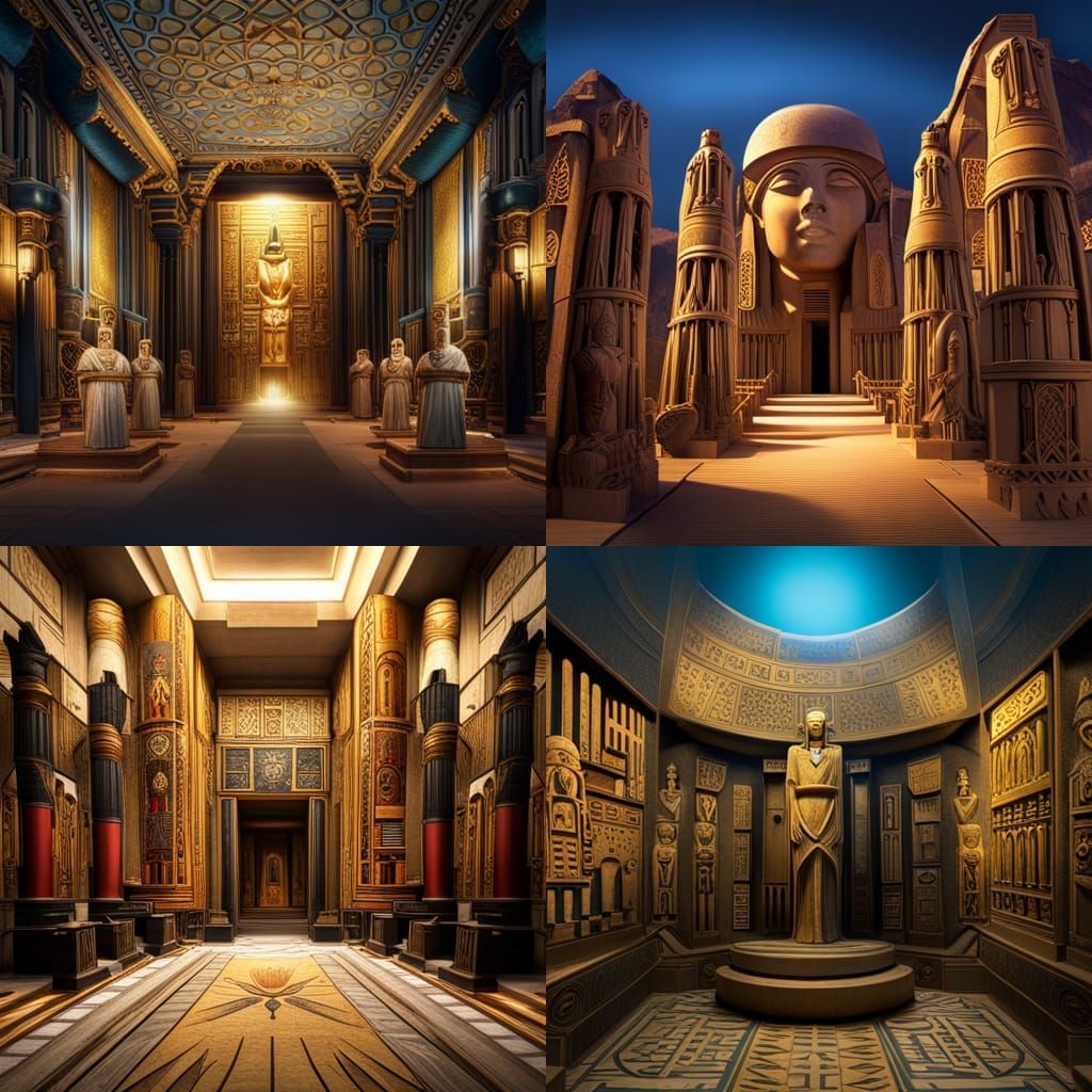 Ancient Egyptian Tomb with Hieroglyphics and Statues