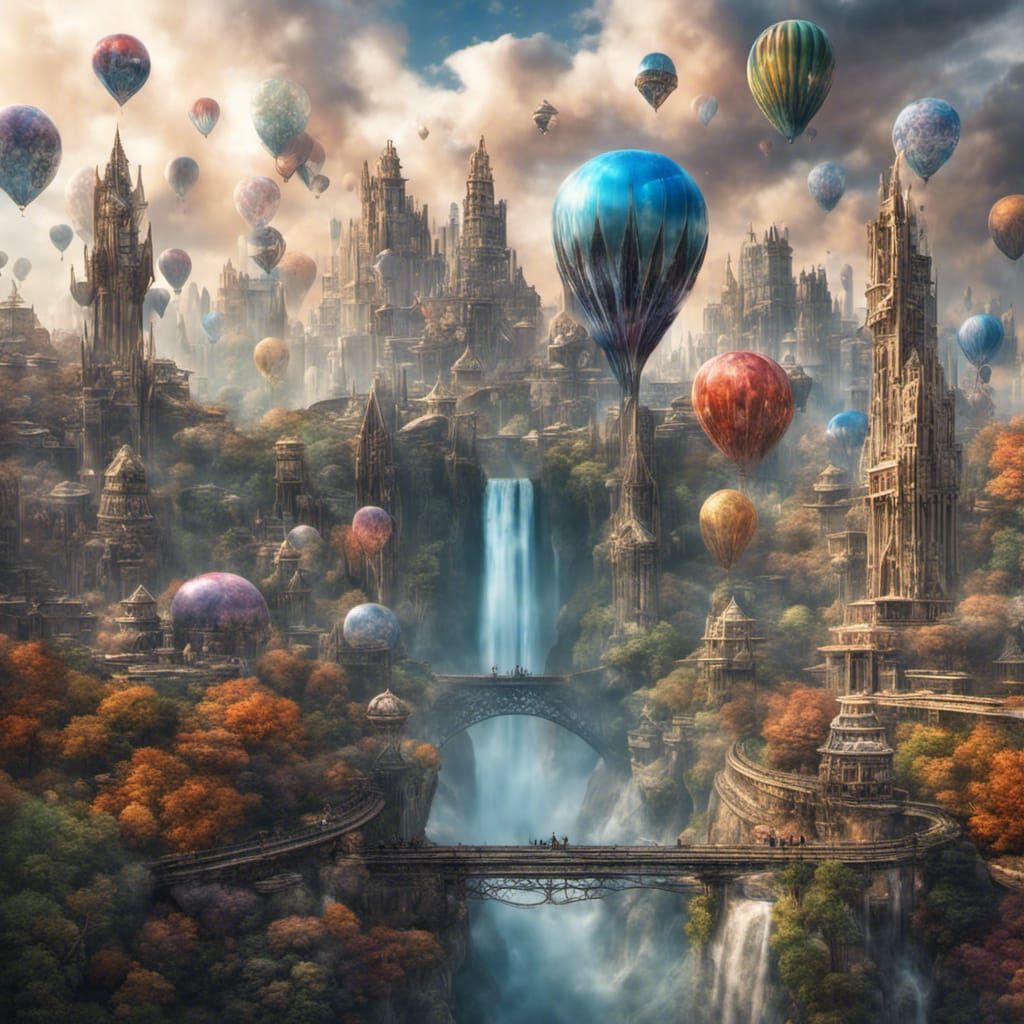 Crystal City Floating in Clouds with Balloons