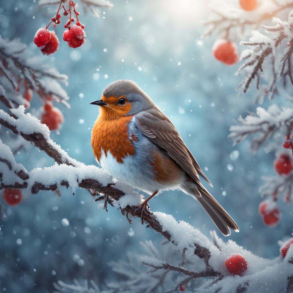 Vibrant European Robin Perched on Branch with Winter Berries