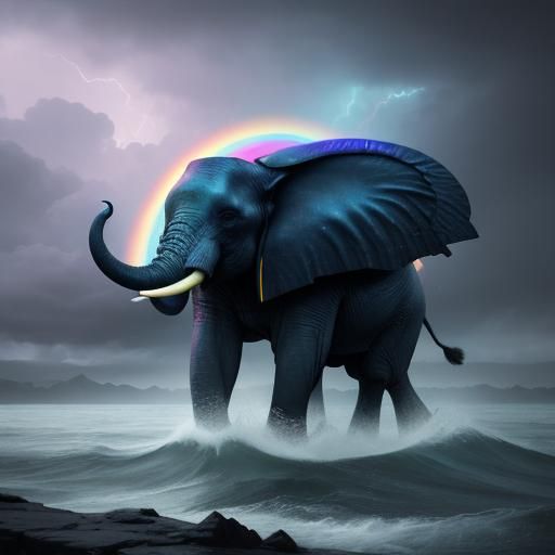 Elephant Emerges from Rainbow in Stormy Landscape