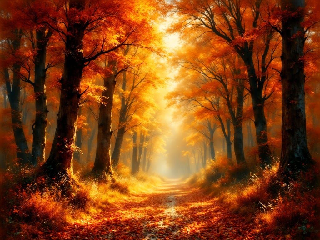 Golden Autumn Forest Trail in Dappled Sunlight