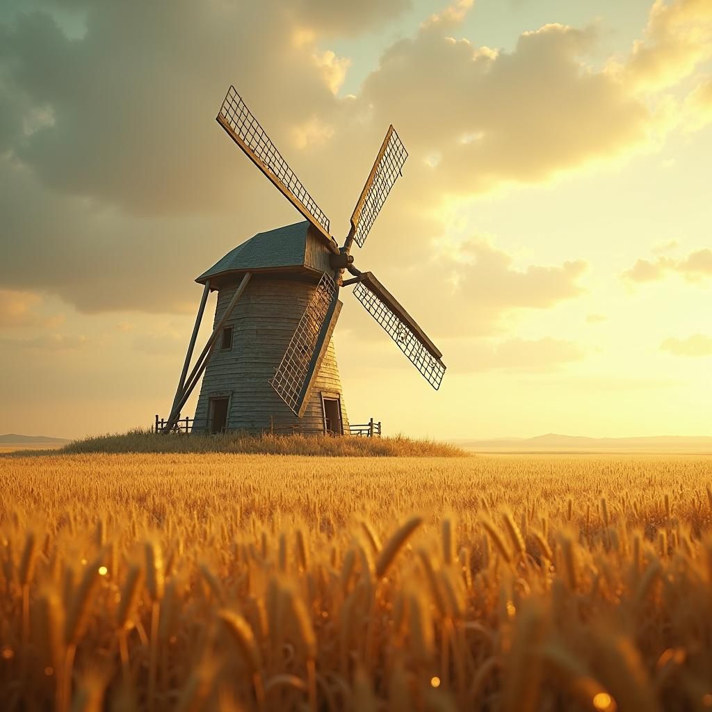 Golden Wheat Field Windmill in Photorealistic Style