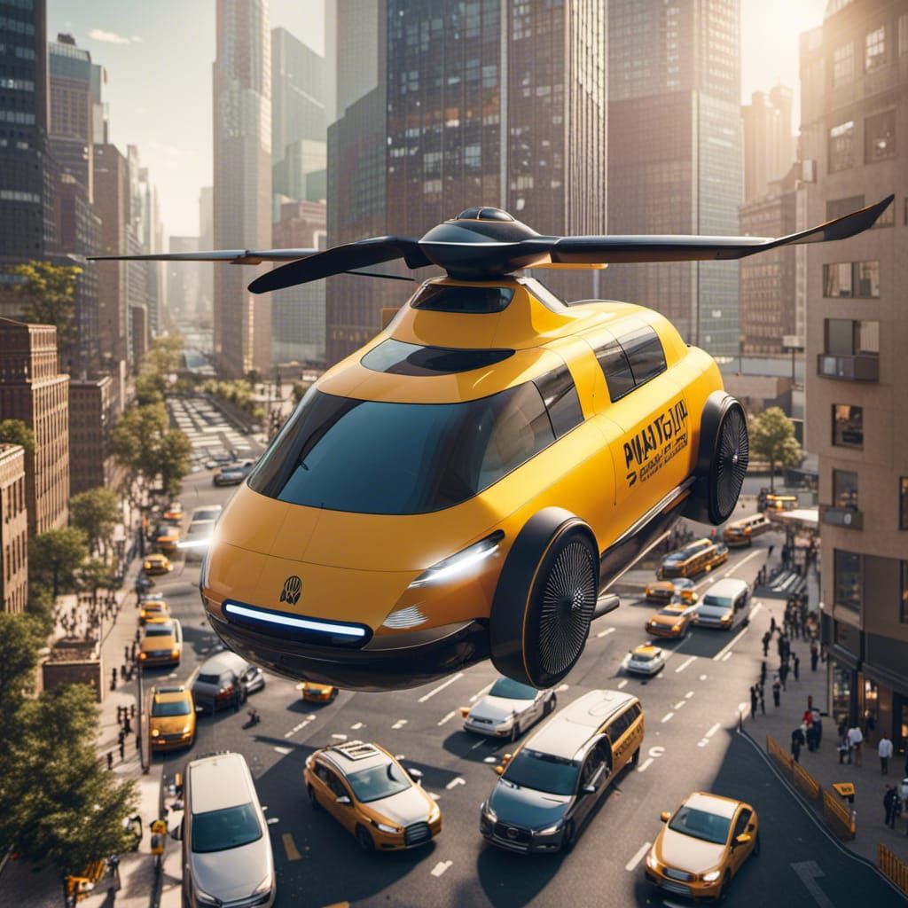 Flying Taxi Over Congested Modern City Street