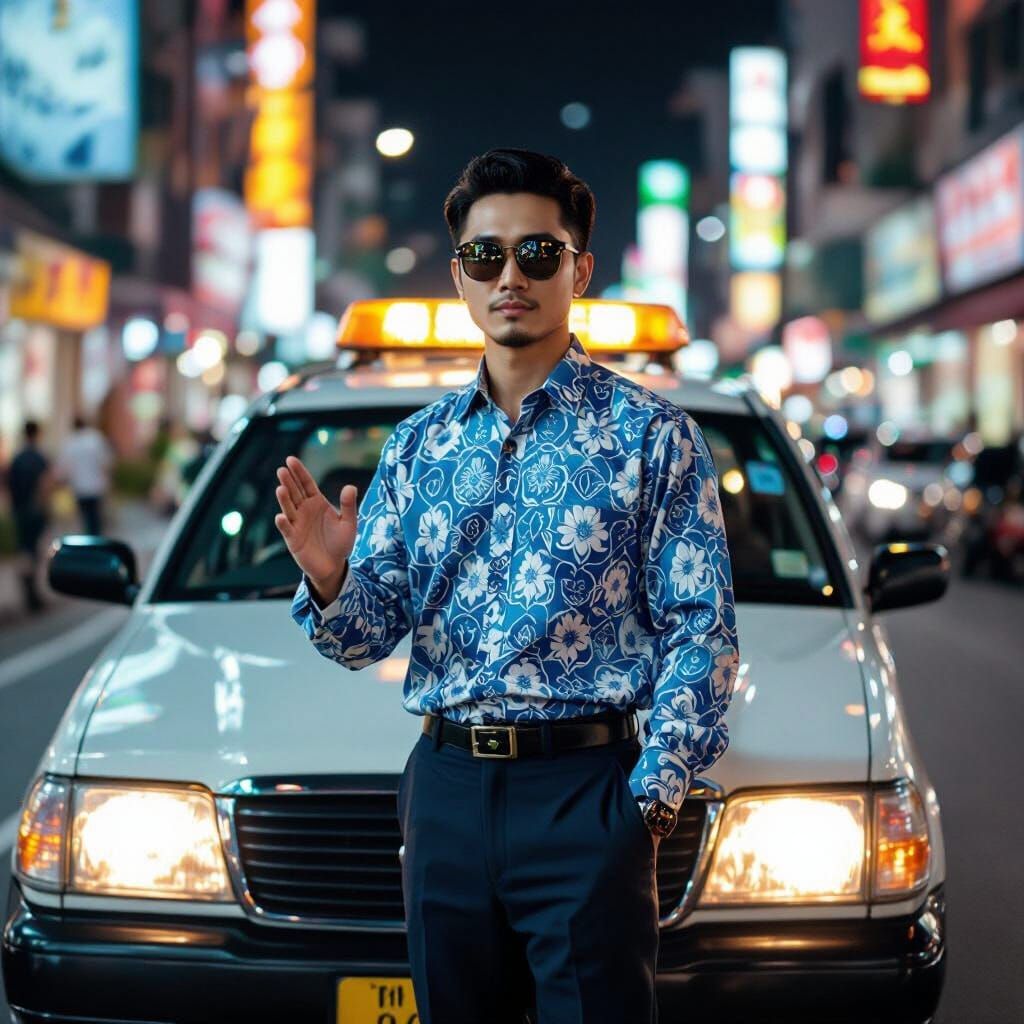 Cinematic Still of Man in Batik Uniform by Taxi