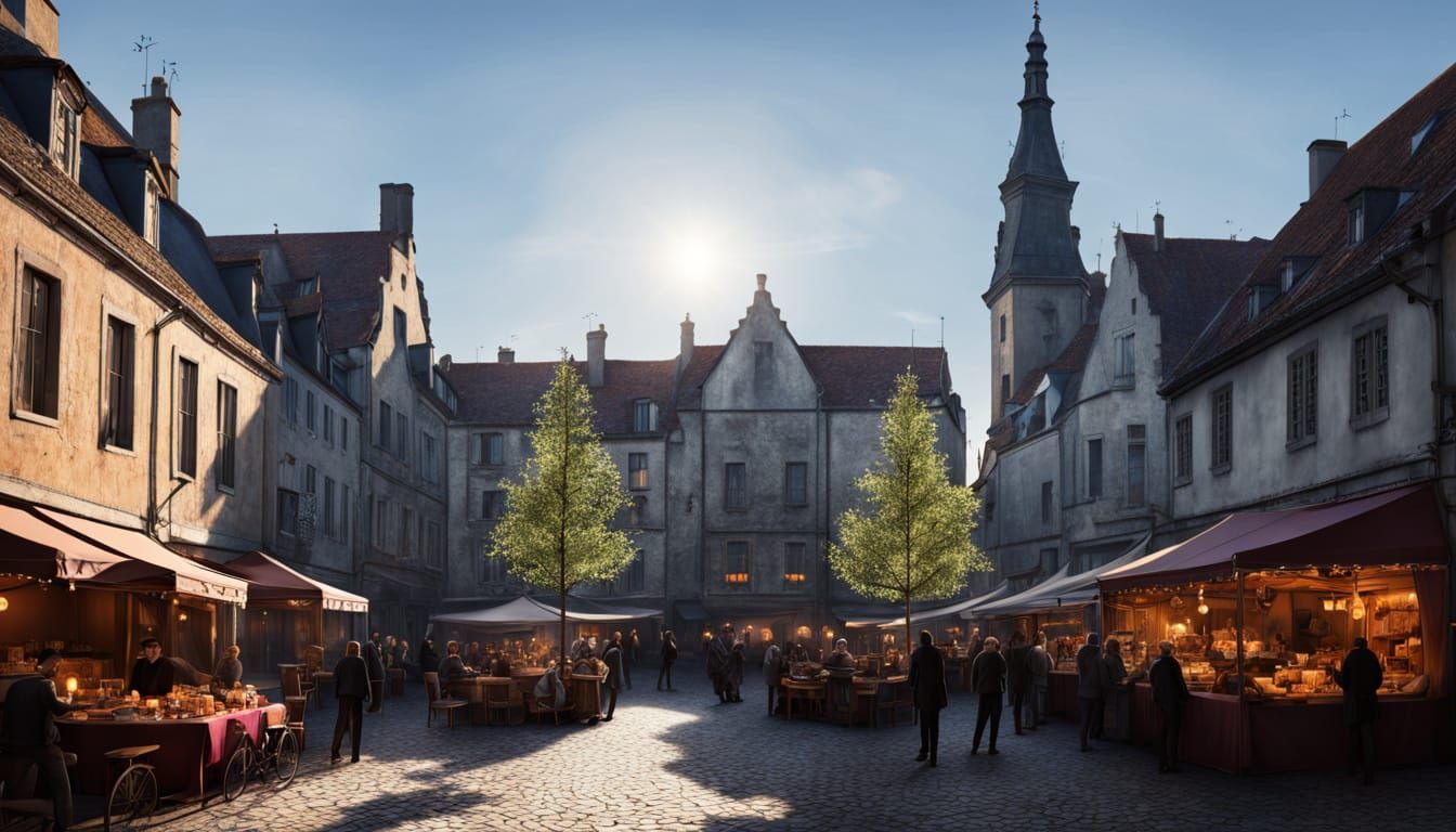 European Christmas Market Square in Comic Book Style