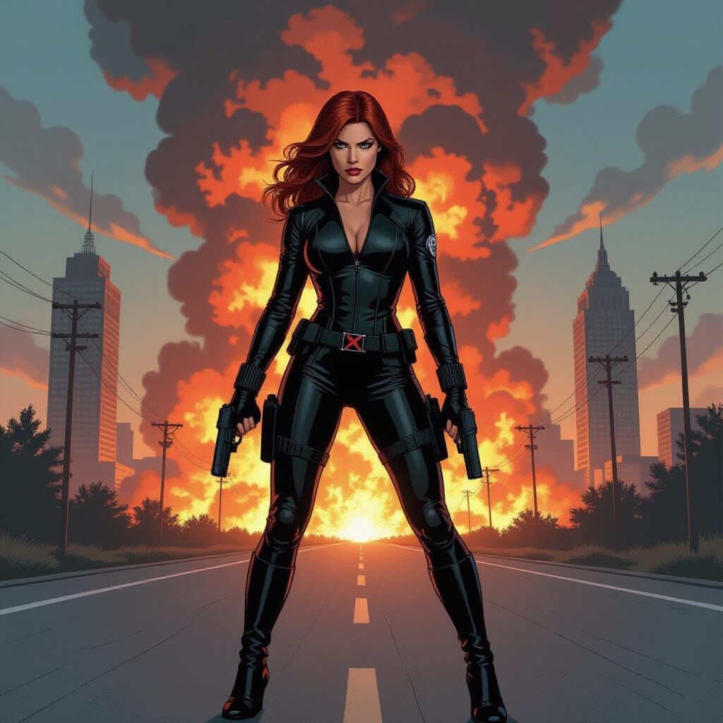 Black Widow Stands Against Inferno, Comic Book Art
