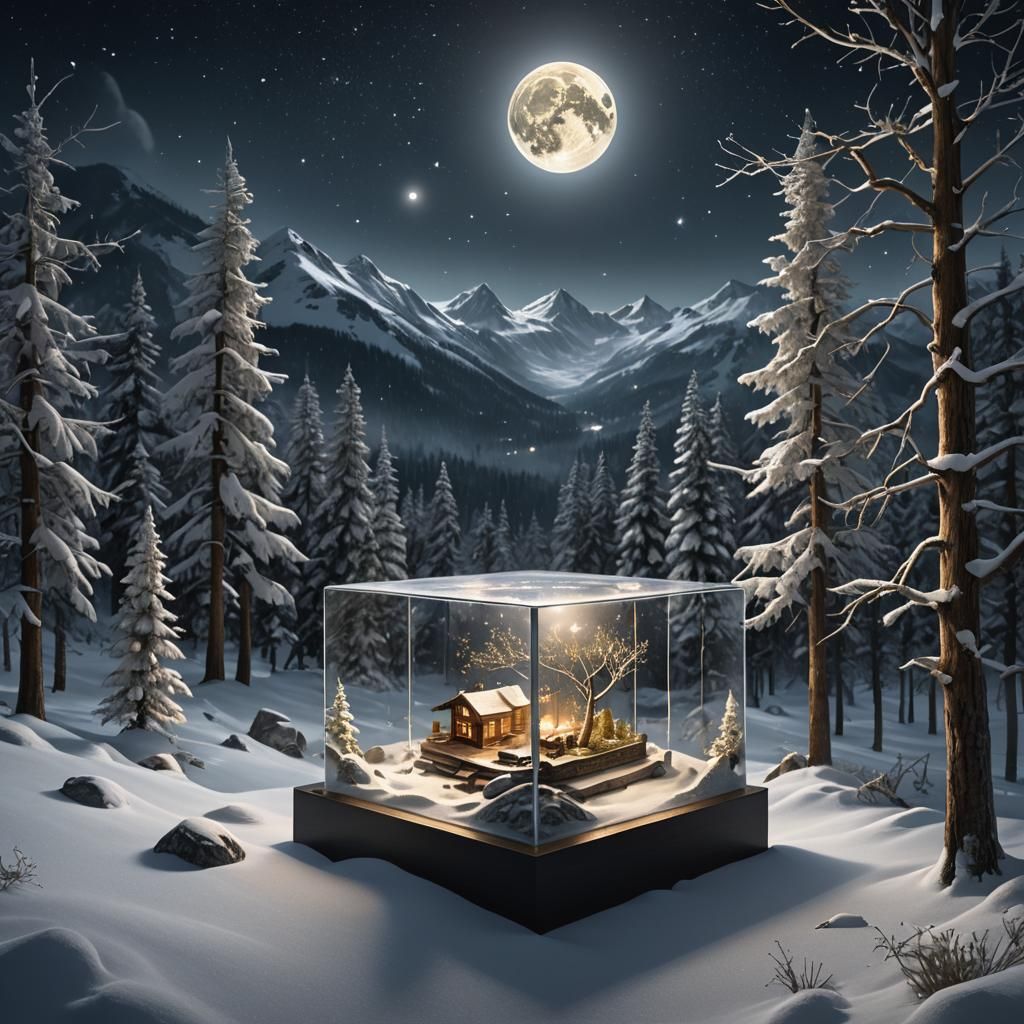 Miniature Winter Landscape in Glass Cube, Dark Fantasy Art