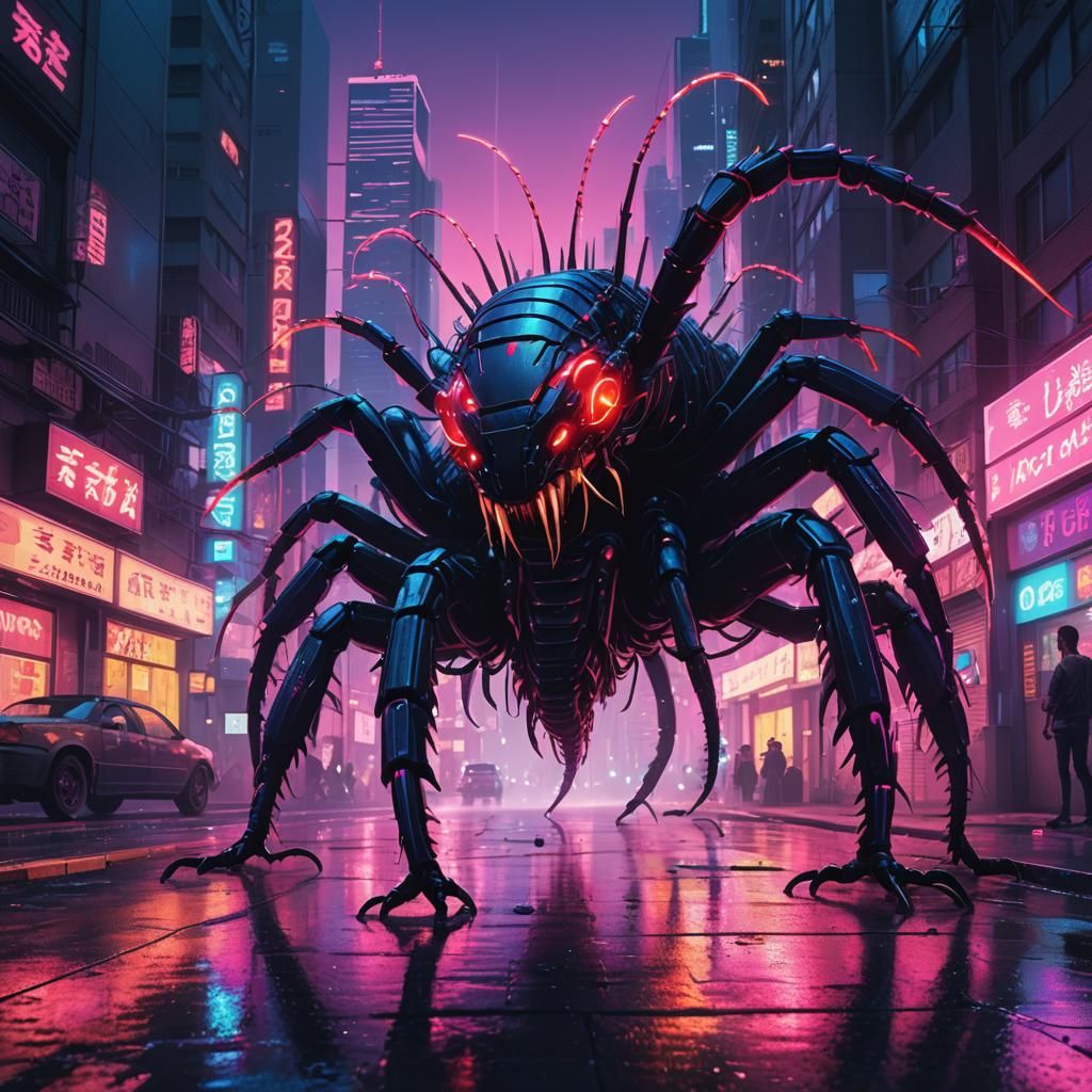 Cyberpunk Centipede Bursts From Neon City Street