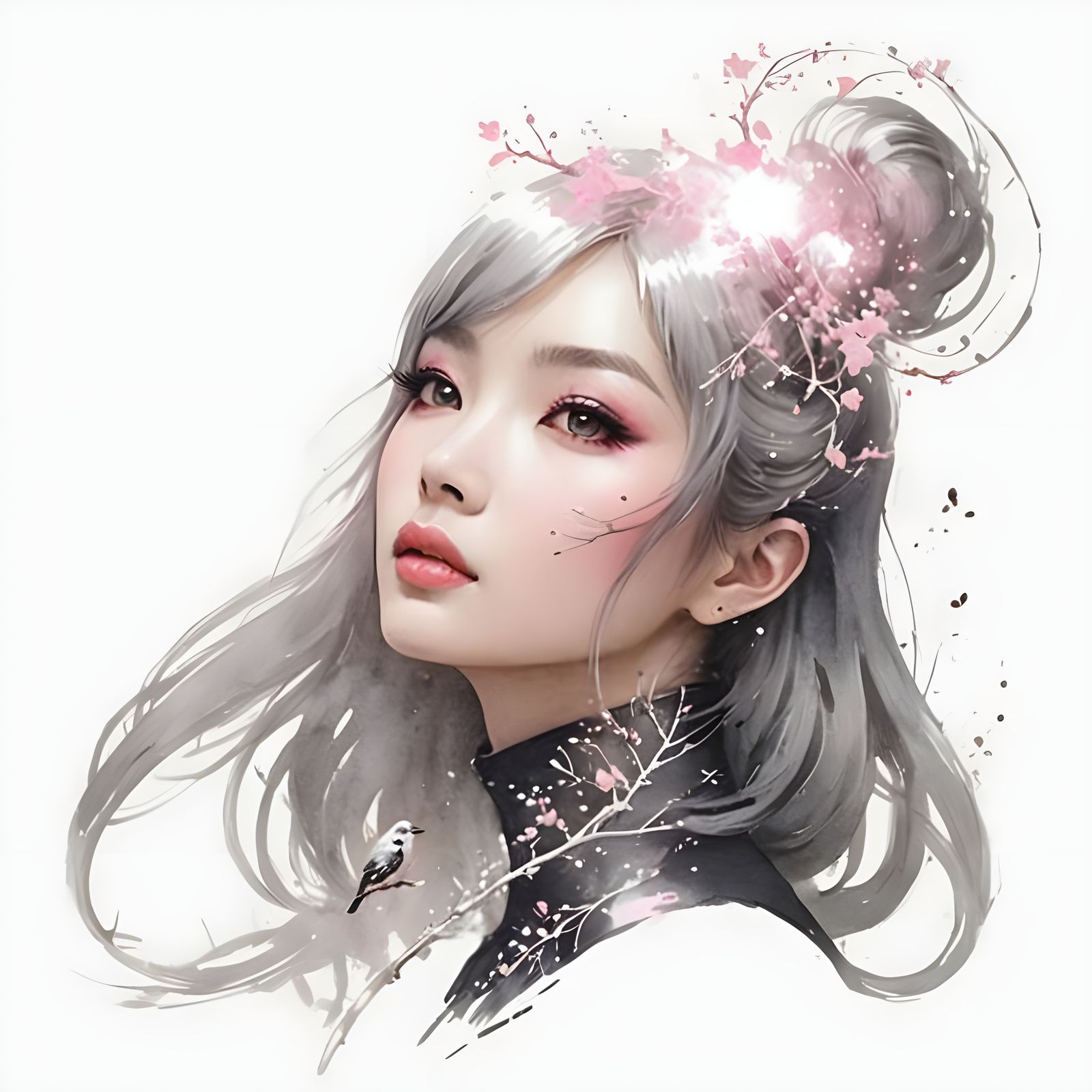 Futuristic Woman with Bird in Sumi-e Pop Art