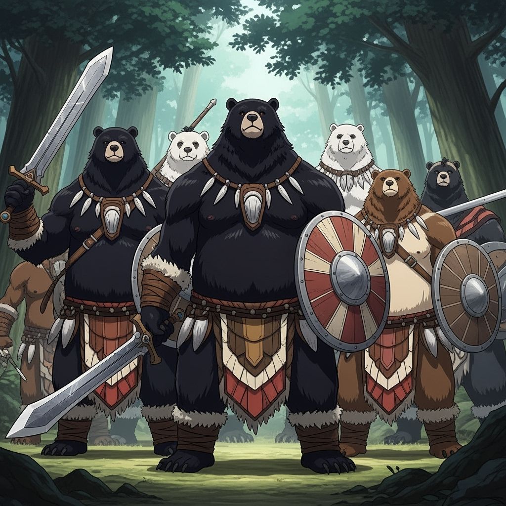 Bearfolk Warriors in Lush Forest, Manga Anime Style