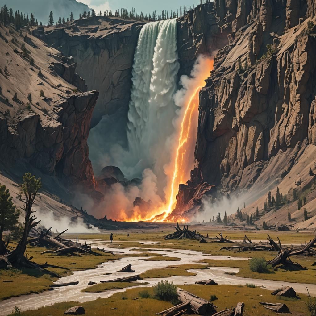 Apocalyptic Yellowstone Eruption in Cyberpunk Style