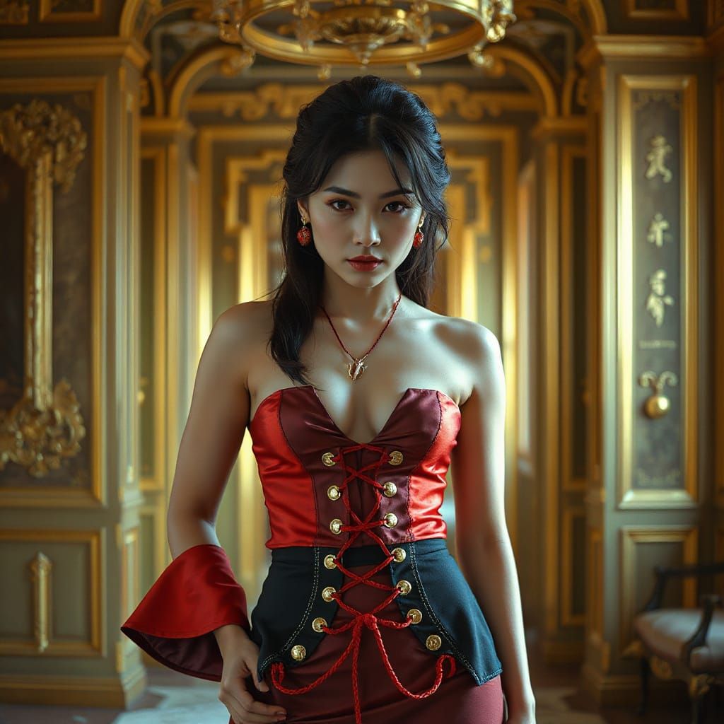 Vietnamese Woman in Red and Black Silk Dress