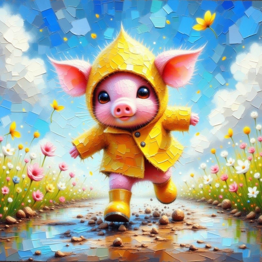 Vibrant Piglet Frolics in Sunny Mud Puddle, in Impasto Style