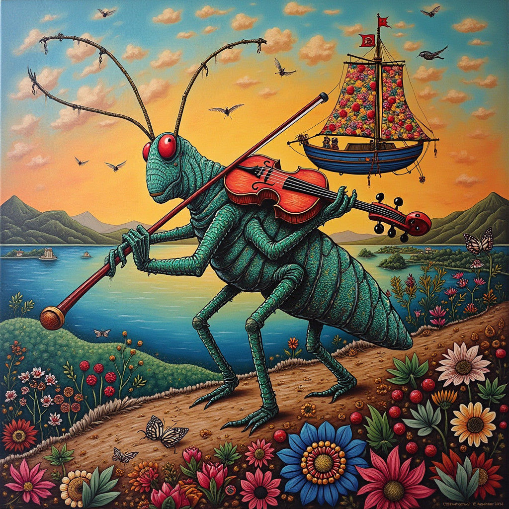 Surreal Folk Art: Grasshopper Violinist in Vivid Landscape