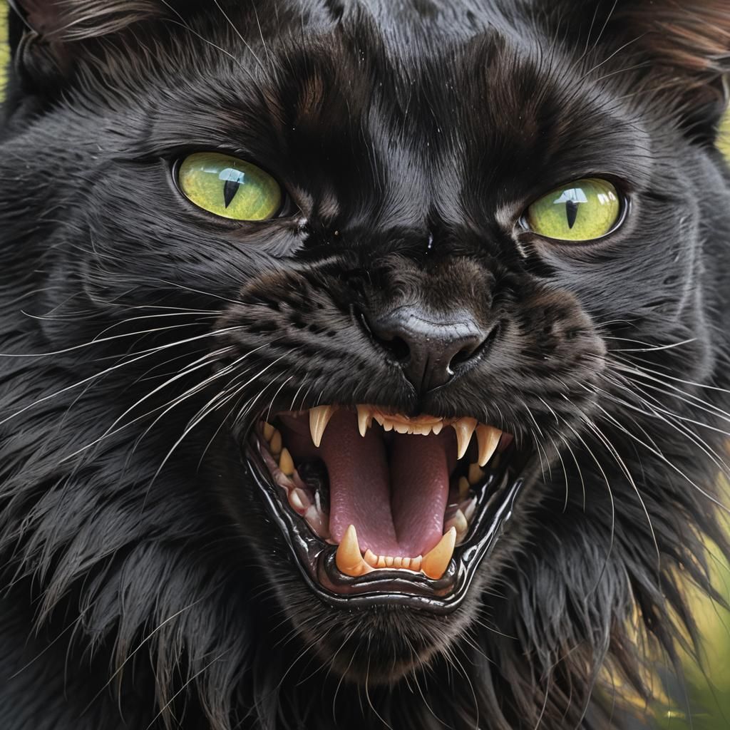 Intense Black Cat Hiss in Hyperrealistic Wildlife Photo