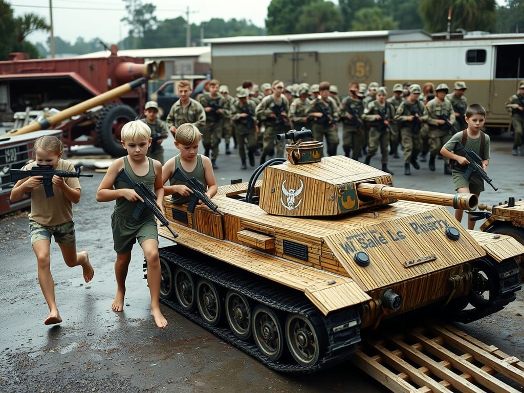 Teenagers Play Soldier in Junkyard After Rain