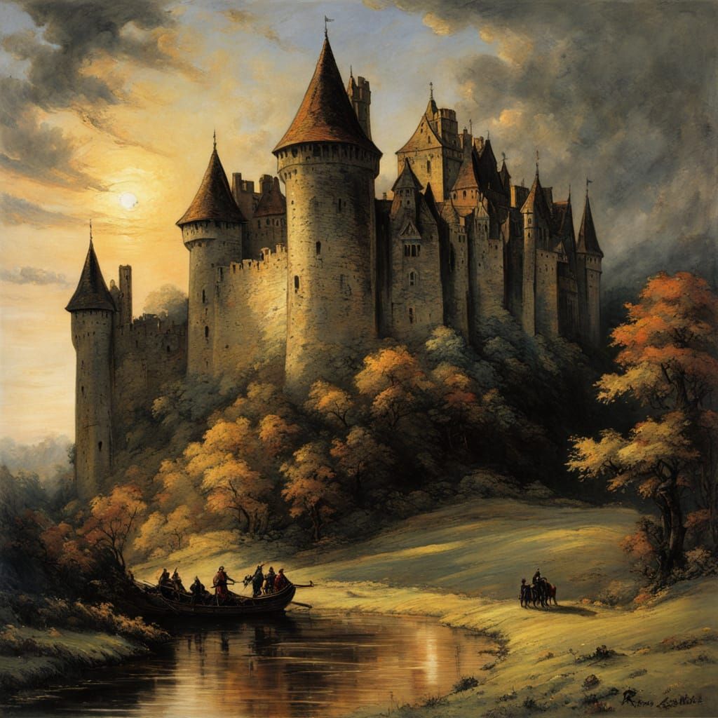 Medieval Castle Sunrise in Colorful Cartoon Style