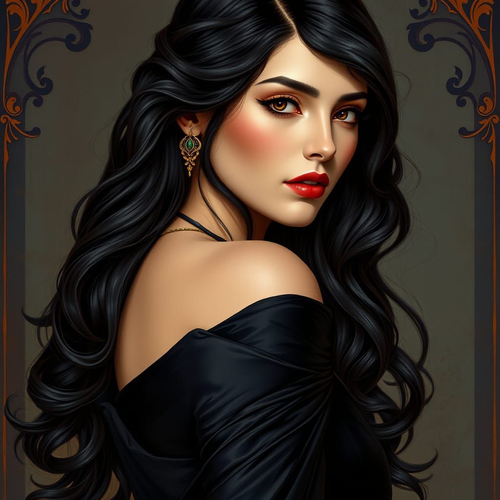 Elegant Woman in Black Evening Gown, Art Nouveau Style