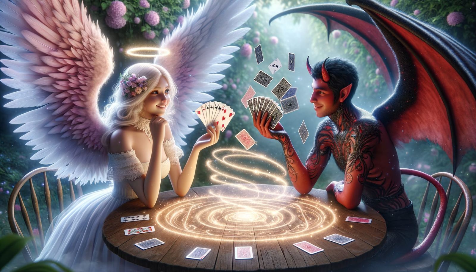 Angelic and Devilish Friends Play Cards in Enchanted Garden