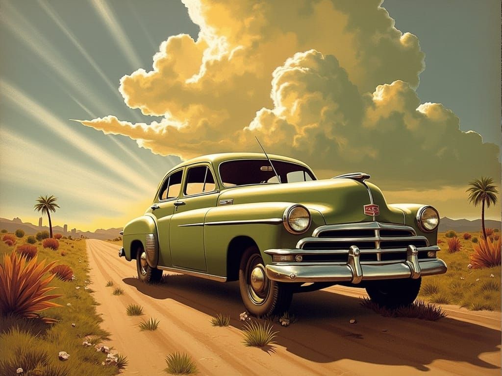 Retro Roadtrip Poster: Vintage Car & Dramatic Sunbeams