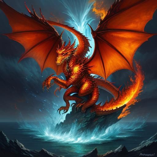 Fiery Dragon with Ocean-Lit Wings in Ethereal Style