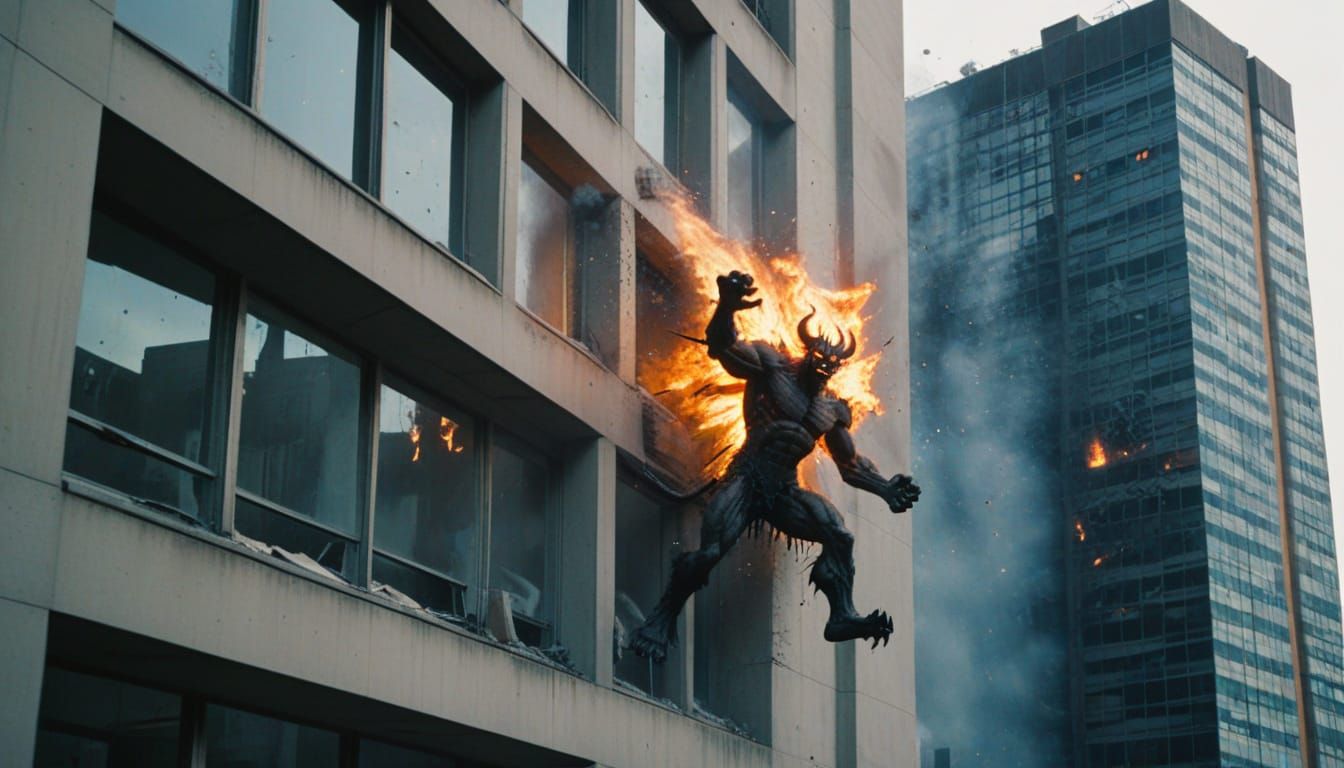 Demon Shatters Skyscraper in Fiery Street Art