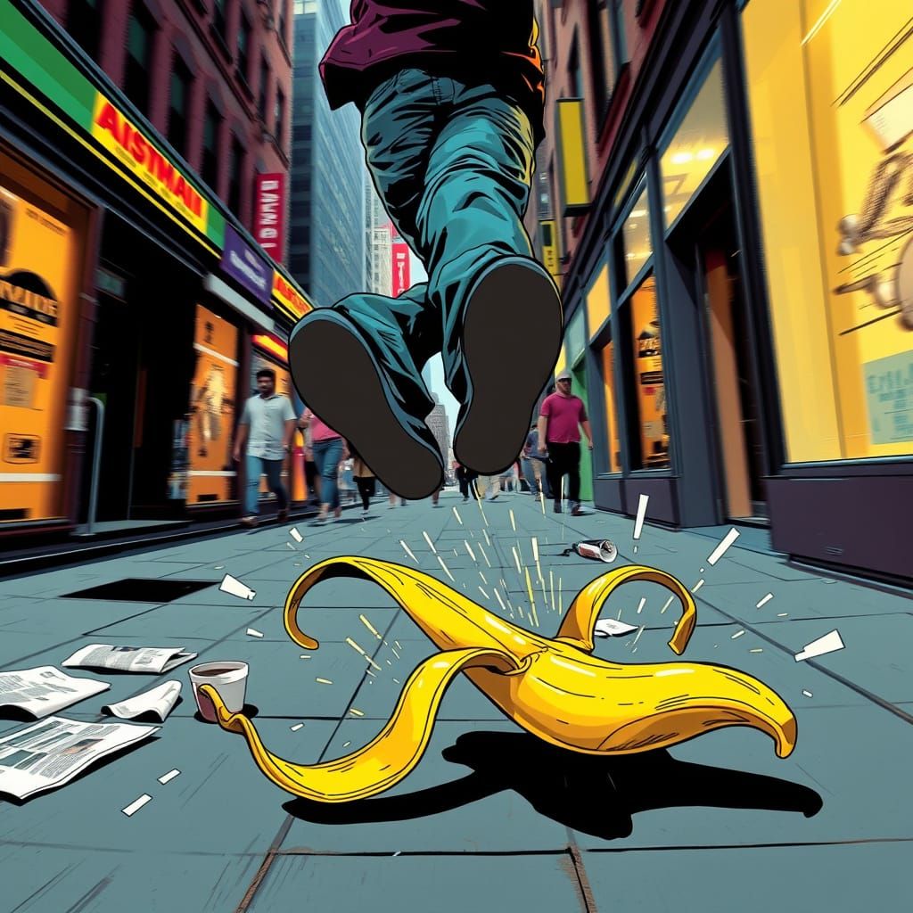 Slapstick Chaos: Person Slips on Banana Peel