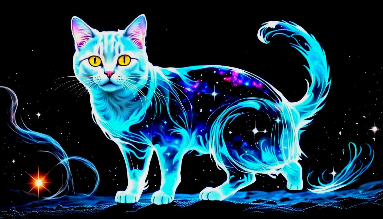 Ethereal Ghost Cat Shimmers with Cosmic Light