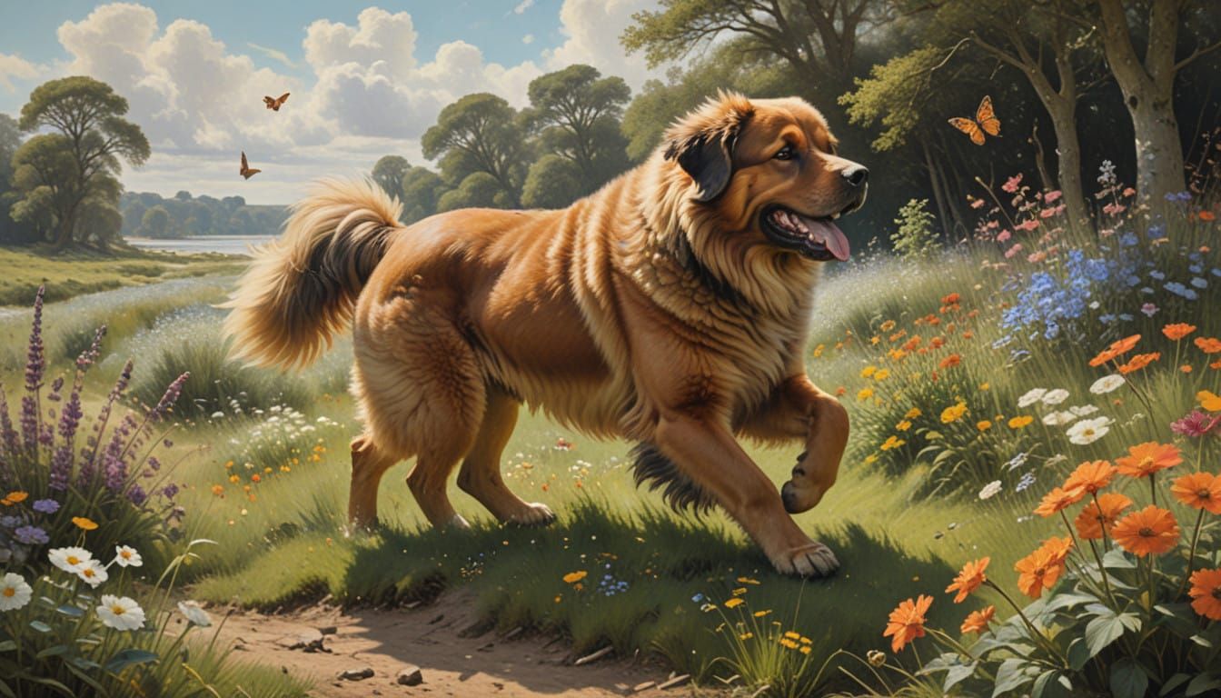 Joyful Tibetan Mastiff Chases Butterflies in Vibrant Wildflo...