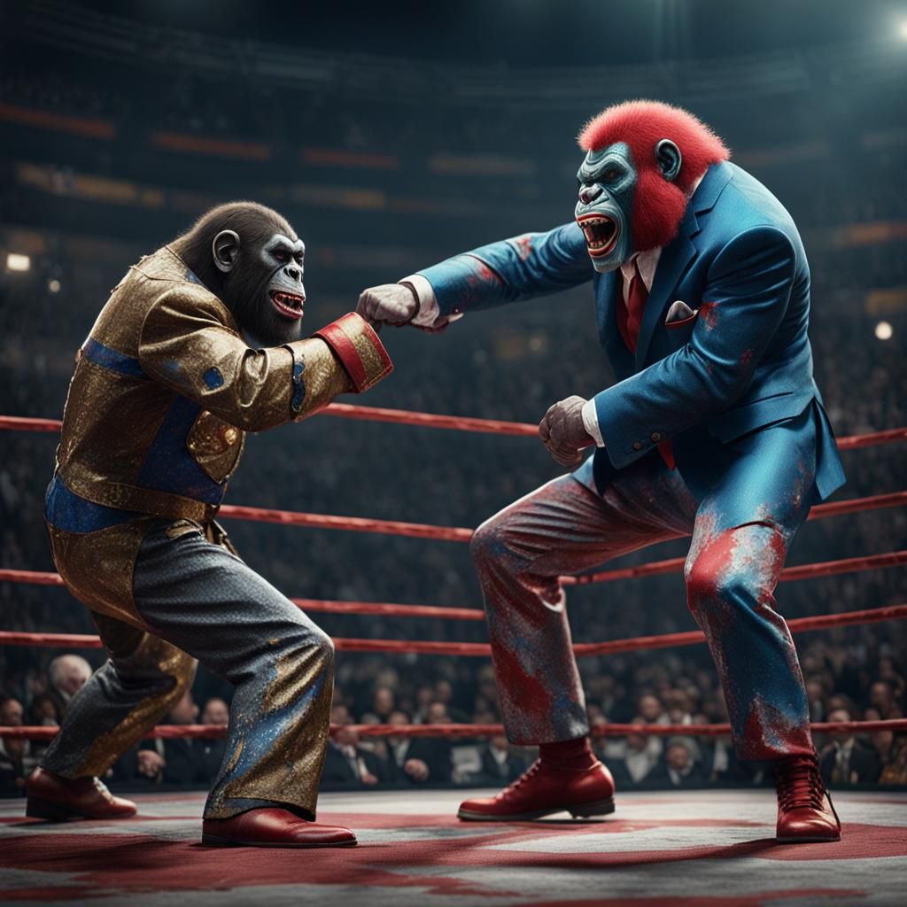 Ape in Suit Beats Clown in Wrestling Ring