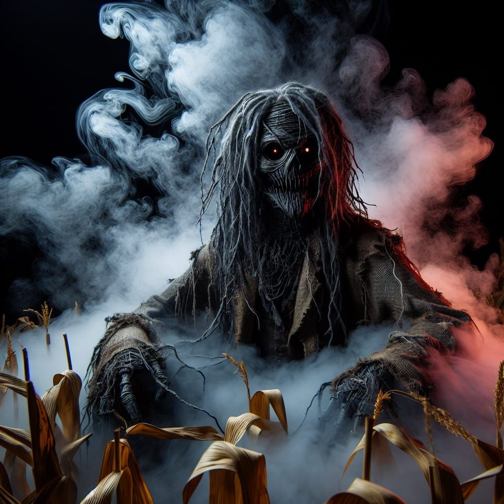 Menacing Scarecrow in Onyx Smoke, High-Resolution Tableau