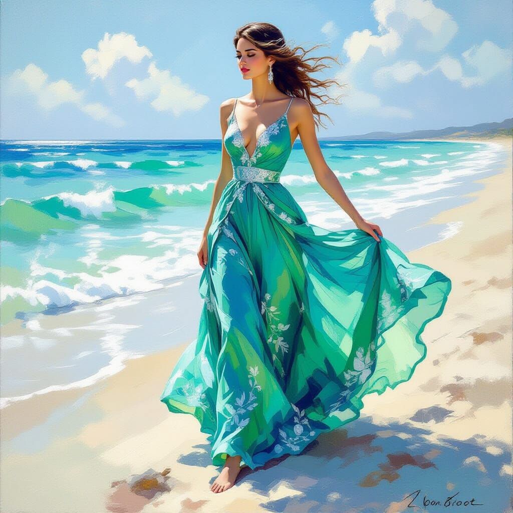 Flowing Emerald Dress on Sandy Beach in Impressionist Style