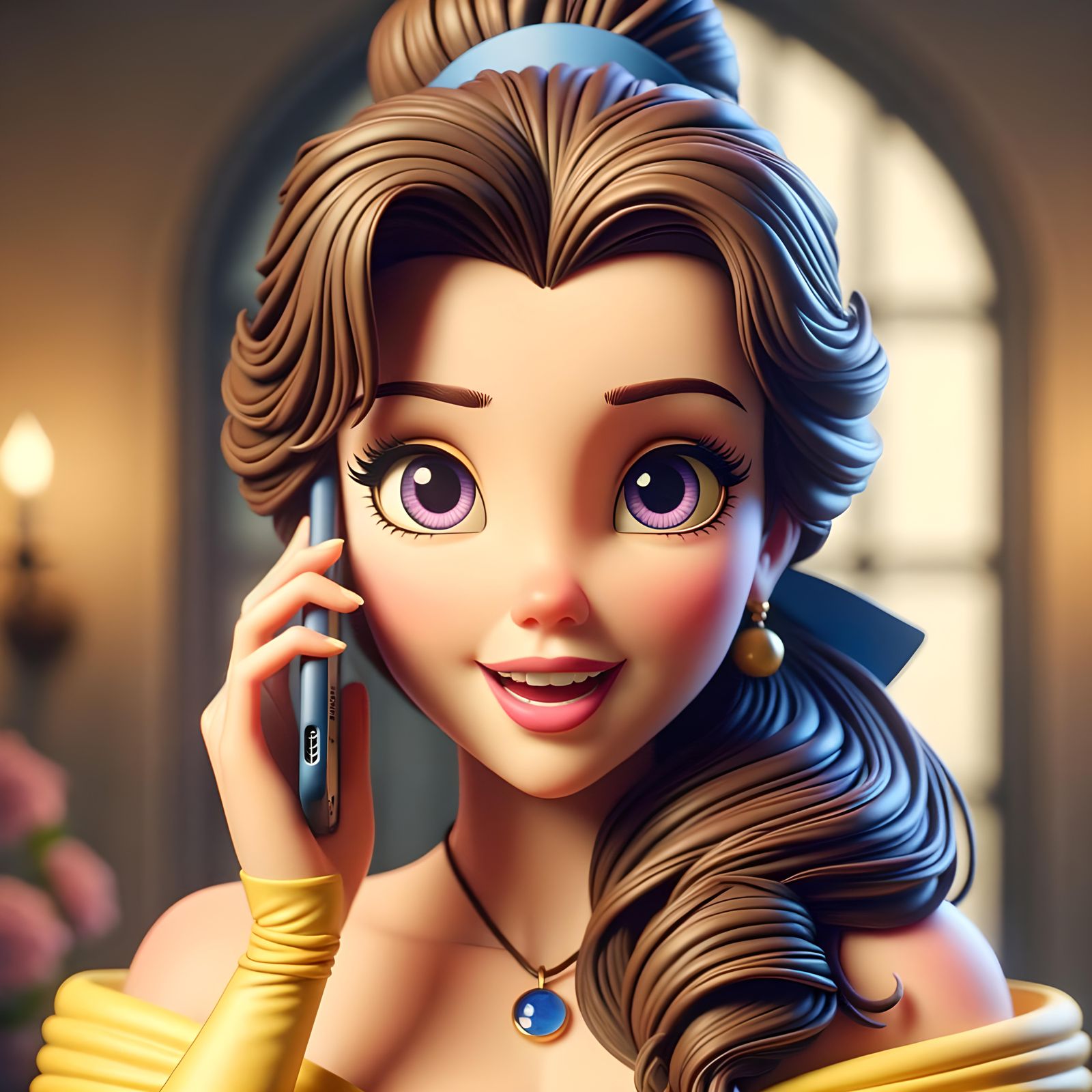 Animated Princess Engaged with Modern Cell Phone