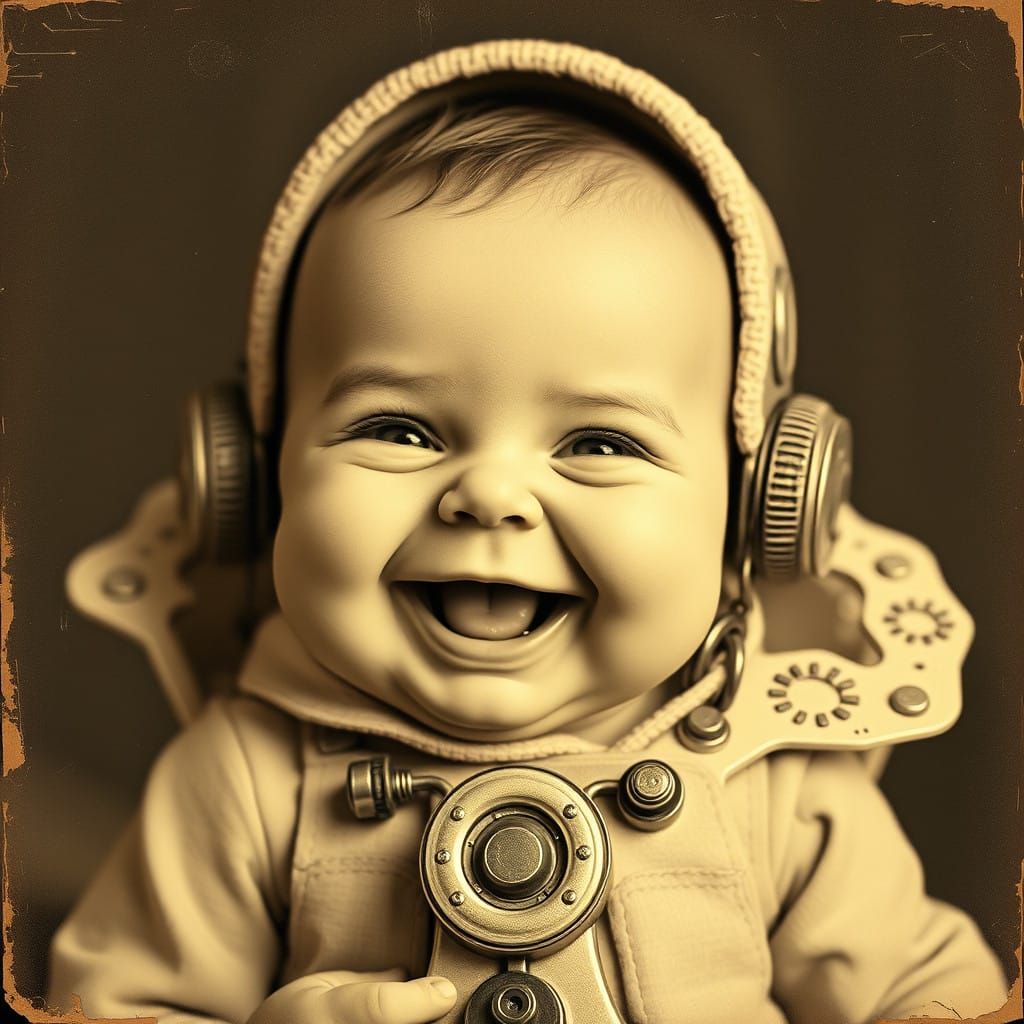 Steampunk Inspiration Mechanical Baby in Sepia