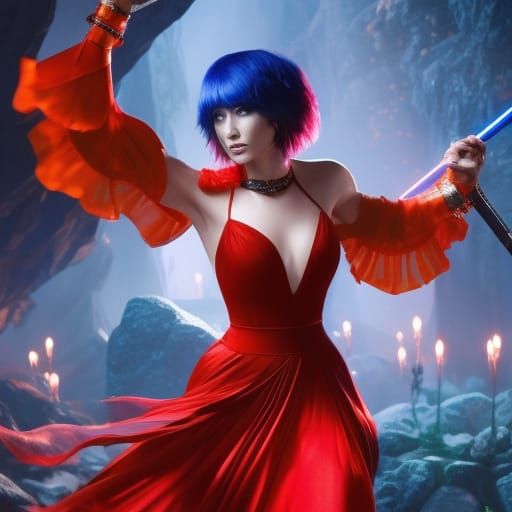 Blue-Haired Woman Dancing Near Crystals