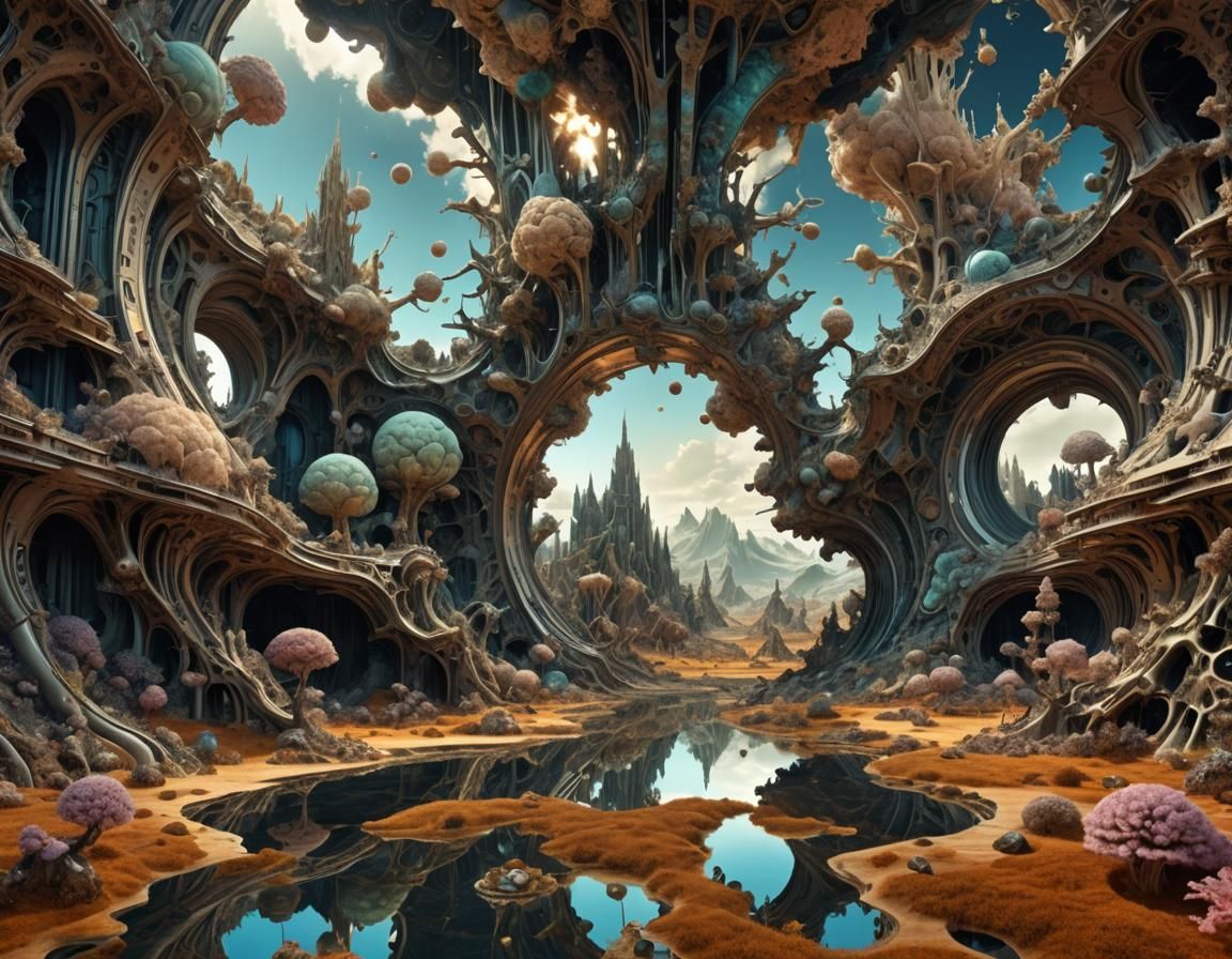 Surreal Fractal Landscape Reflected in Mirror, 3D Render