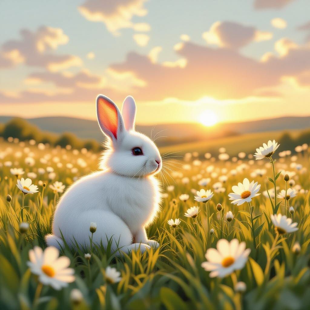 Fluffy Rabbit in Luminous Wildflower Meadow at Sunset