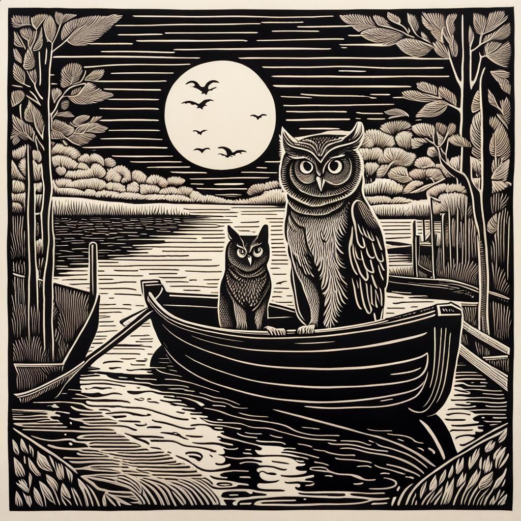 Owl and Cat in Rowboat: Linocut Relief Print